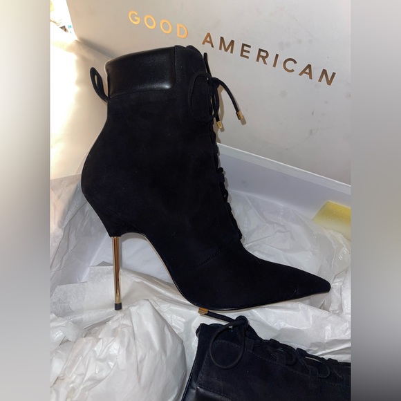 Good American Scandal Lace Up Stilleto Booties Stone BNWB Womens Size 9 Blk/Gold - Picture 12 of 16